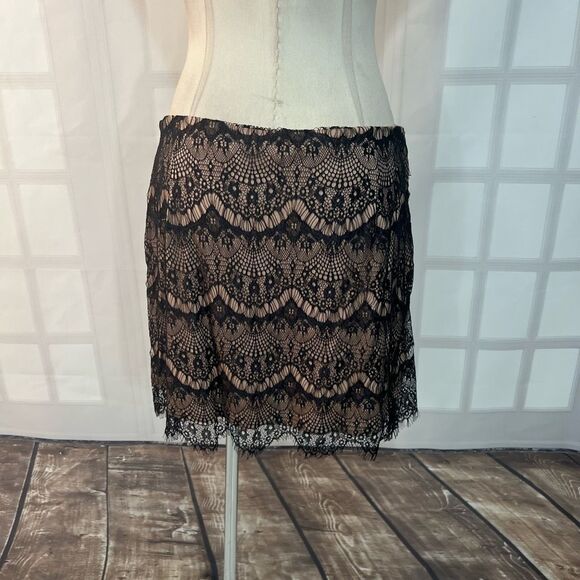 Free people NWT Zoey black lace nude lined ruched mini skirt size 12 - Picture 8 of 14
